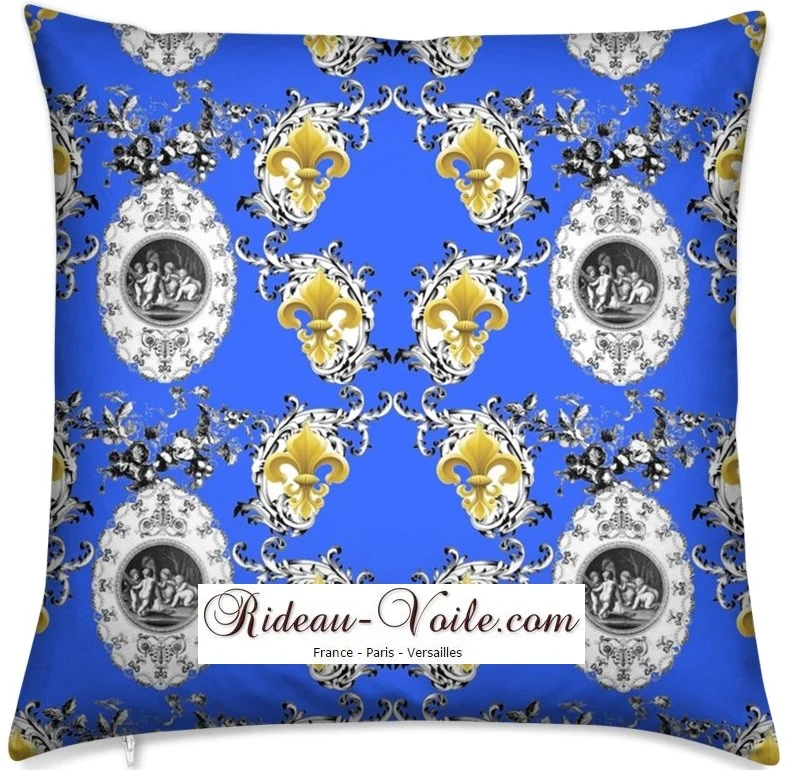 Toile de Jouy bleu tissu mètre Baroque Ange Fleur de Lys country french fabric curtain