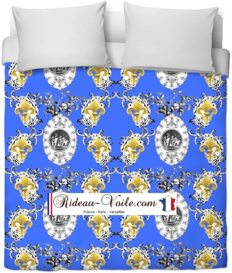 Toile de Jouy bleu tissu mètre Baroque Ange Fleur de Lys country french fabric curtain