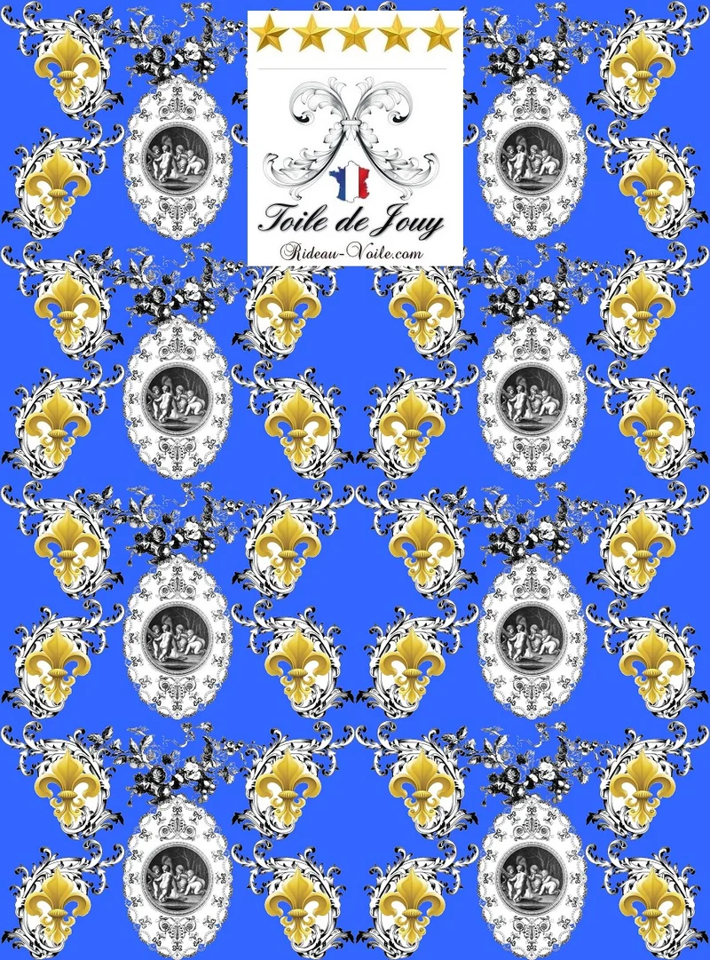 Toile de Jouy bleu tissu mètre Baroque Ange Fleur de Lys country french fabric curtain