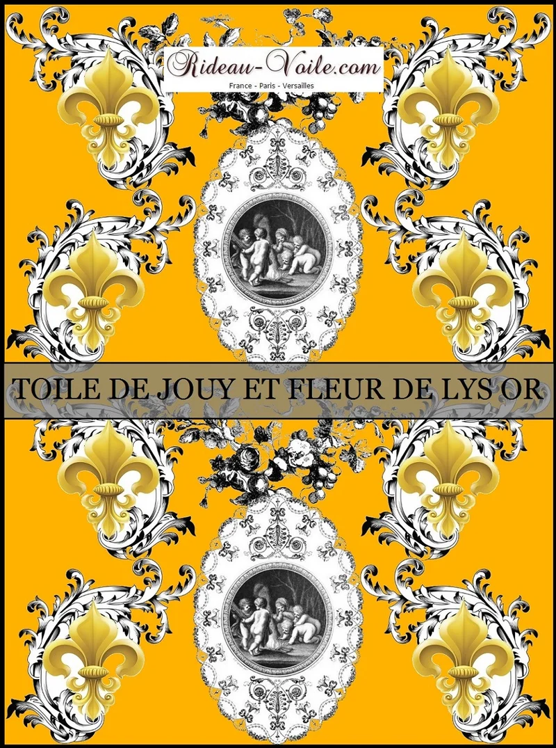 Toile de Jouy jaune tissu au mètre style Baroque Rococo Ange Chérubin Fleur de Lys