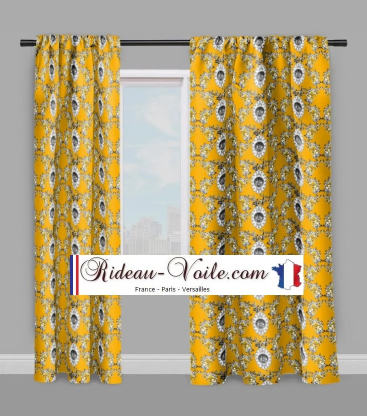 Toile de Jouy jaune tissu au mètre style Baroque Rococo Ange Chérubin Fleur de Lys