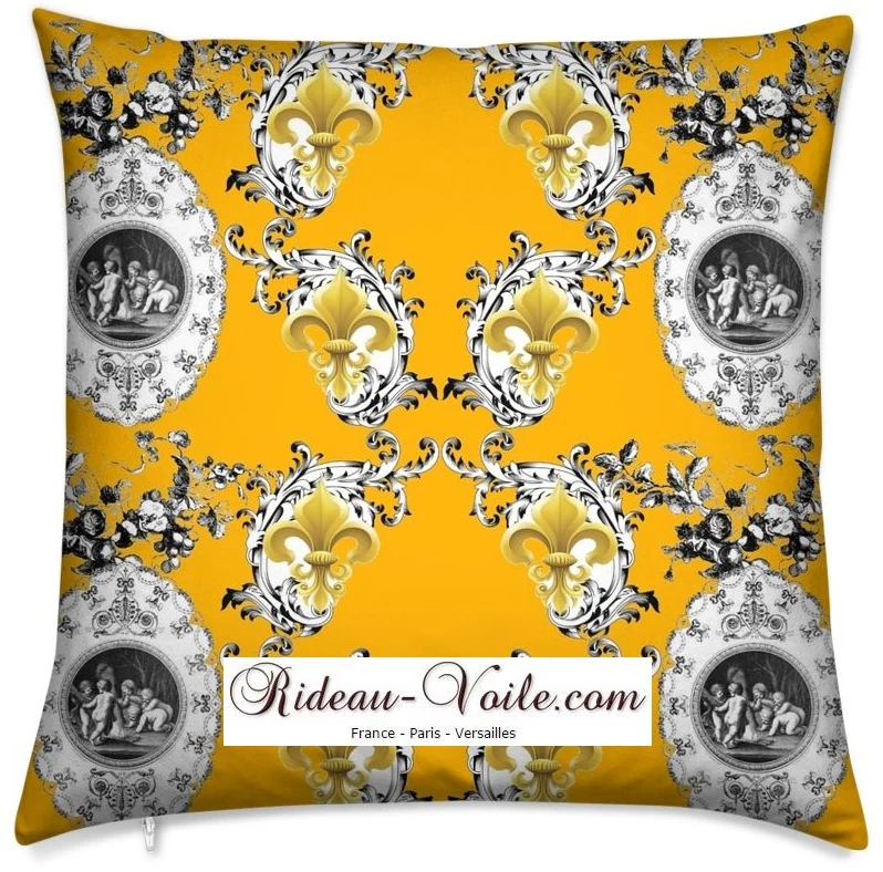 Toile de Jouy jaune tissu au mètre style Baroque Rococo Ange Chérubin Fleur de Lys