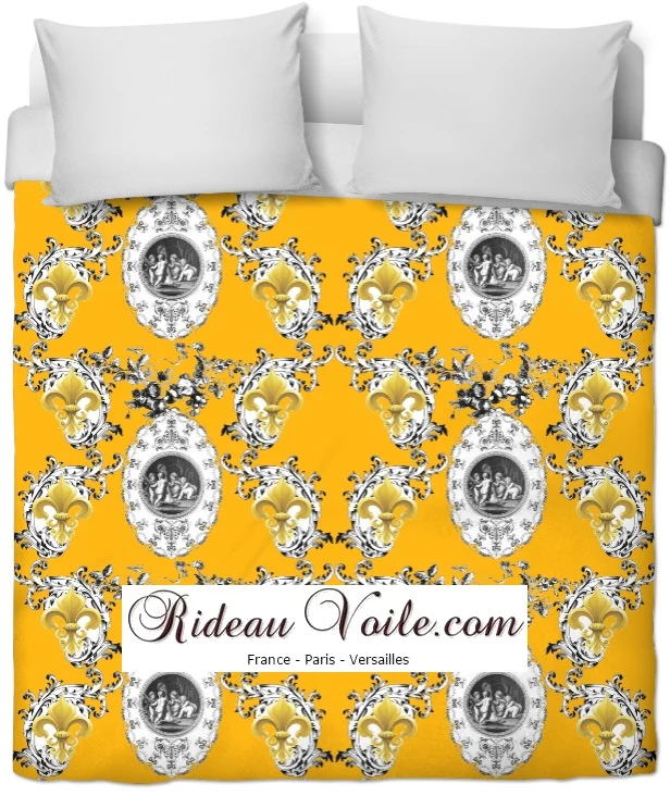 Toile de Jouy jaune tissu au mètre style Baroque Rococo Ange Chérubin Fleur de Lys