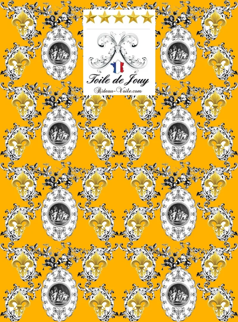 Toile de Jouy jaune tissu au mètre style Baroque Rococo Ange Chérubin Fleur de Lys