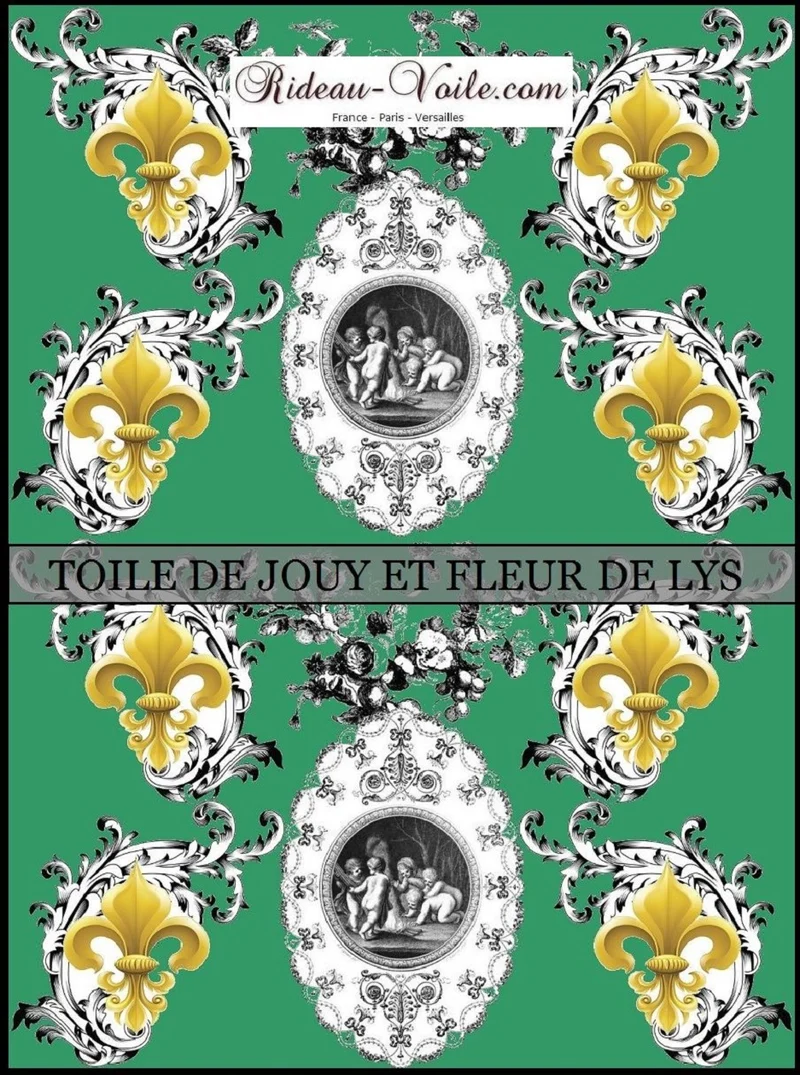 Toile de Jouy vert tissu ameublement mètre Empire Anges Fleur de Lys Baroque rideau