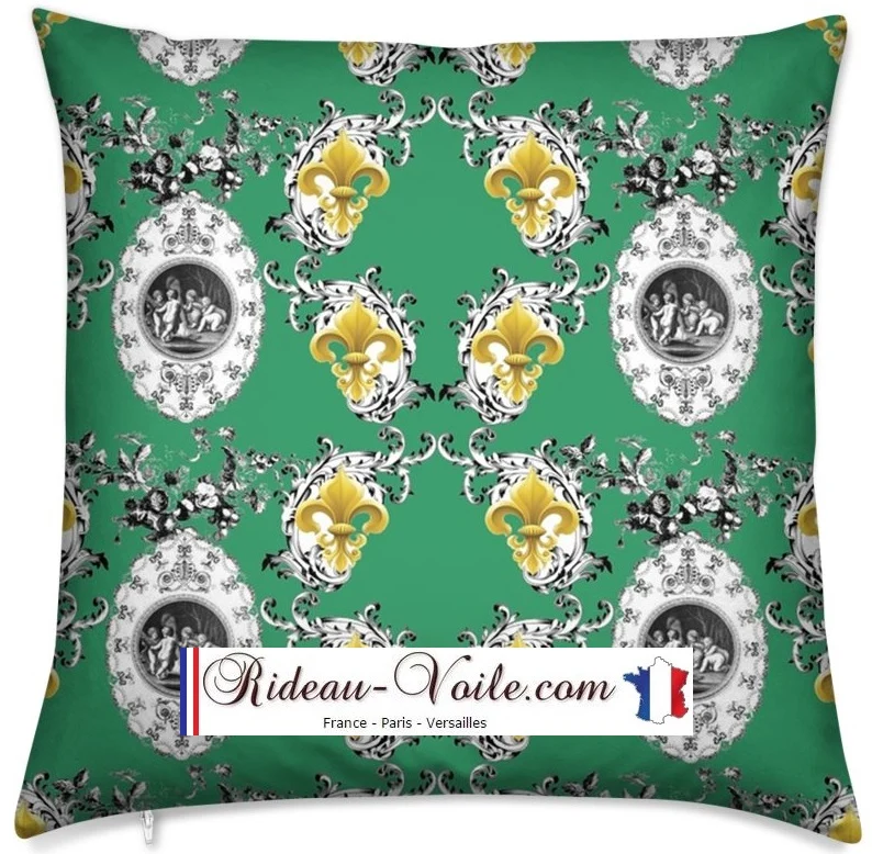 Toile de Jouy vert tissu ameublement mètre Empire Anges Fleur de Lys Baroque rideau
