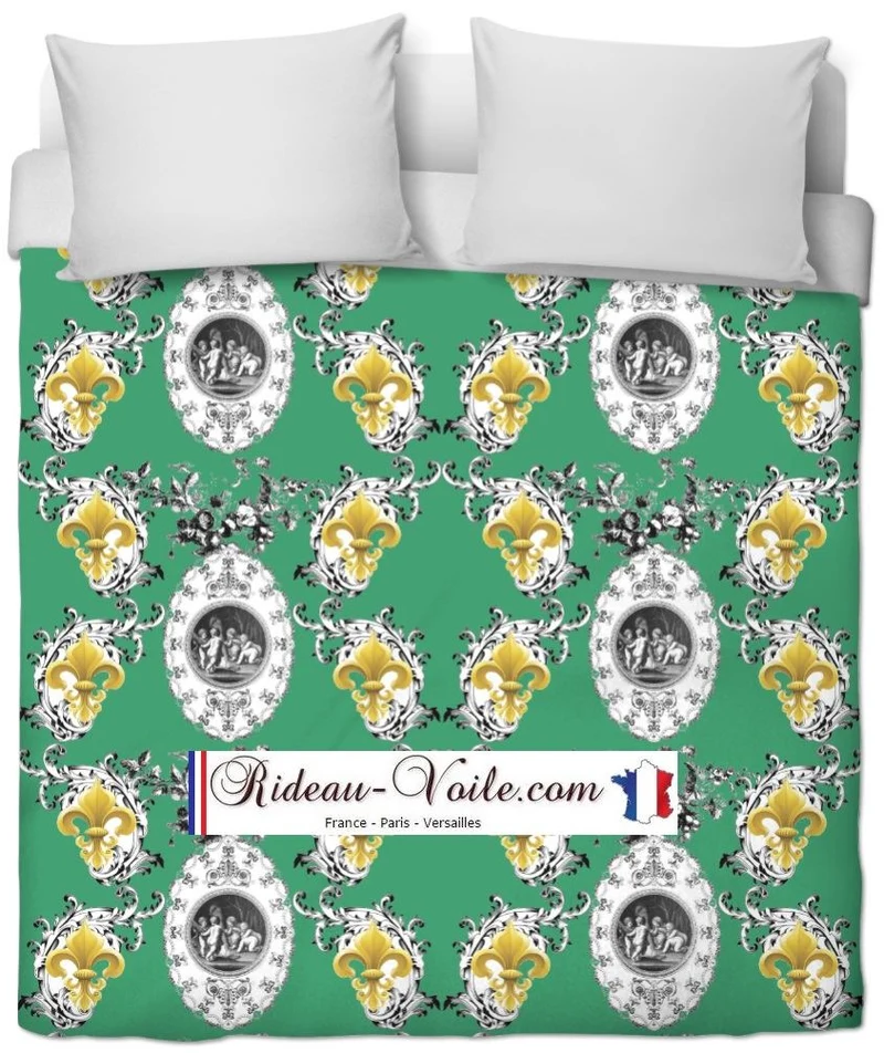 Toile de Jouy vert tissu ameublement mètre Empire Anges Fleur de Lys Baroque rideau