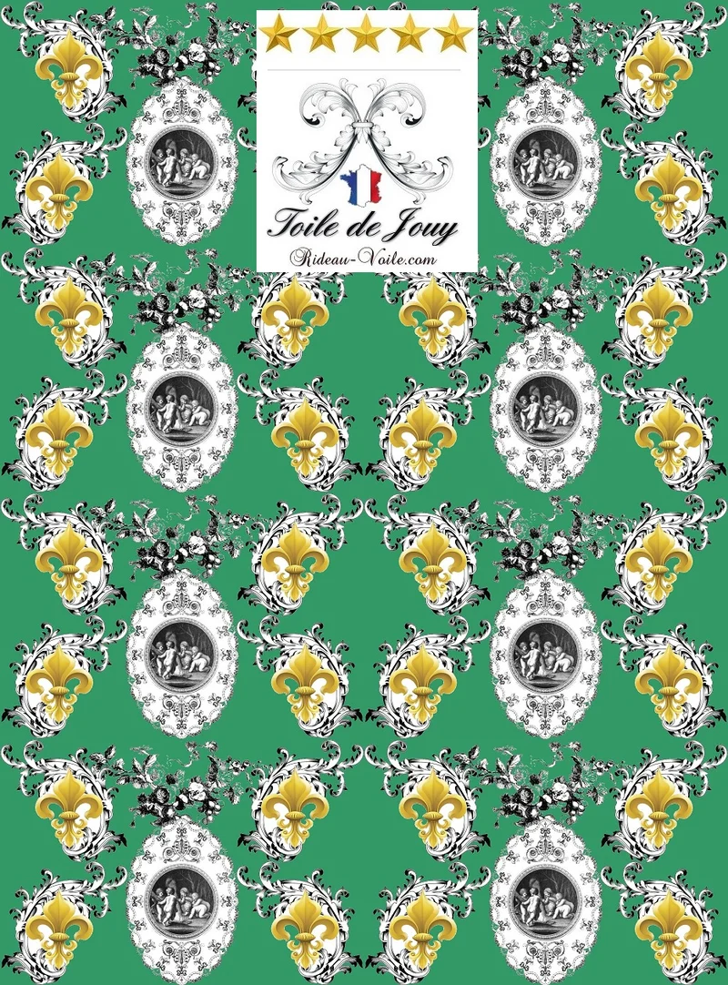 Toile de Jouy vert tissu ameublement mètre Empire Anges Fleur de Lys Baroque rideau