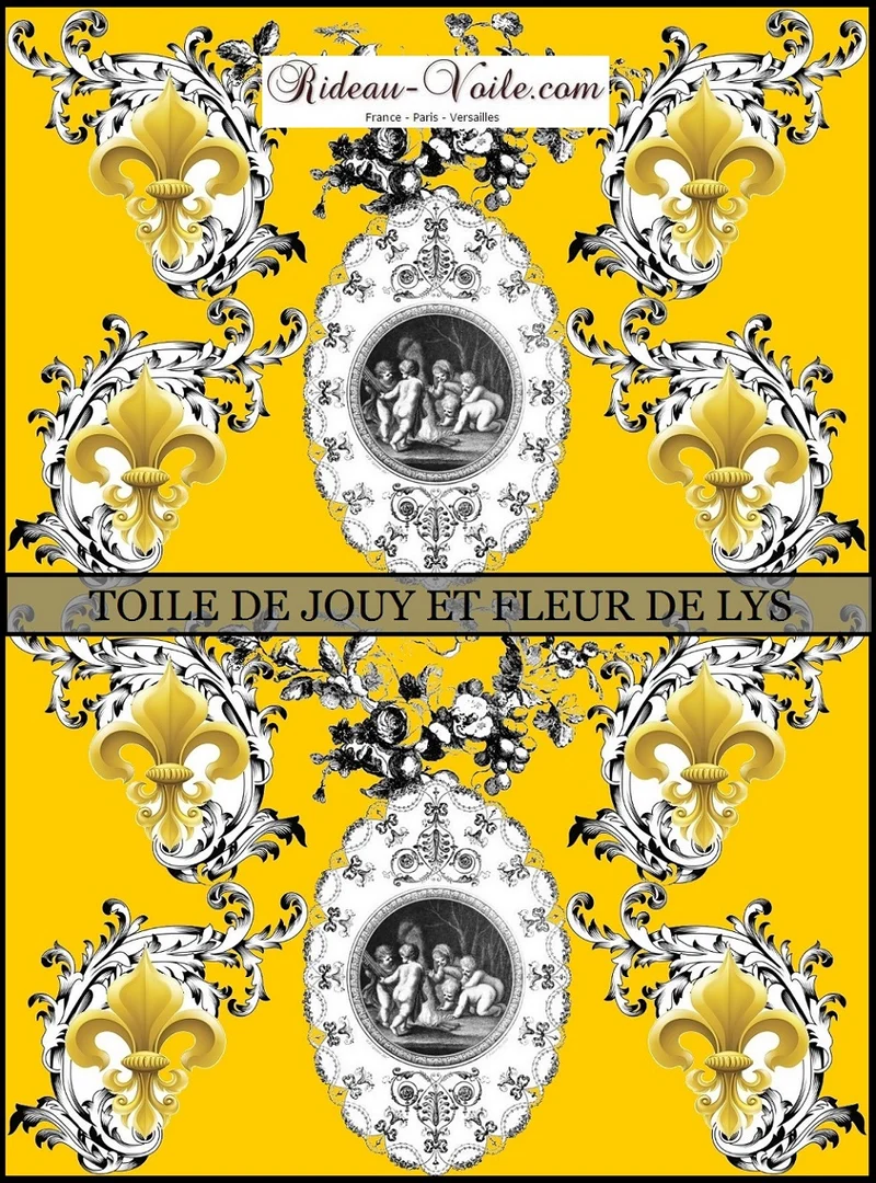Toile de Jouy jaune tissu mètre style Empire Anges Fleur de Lys enkeli verho kangas