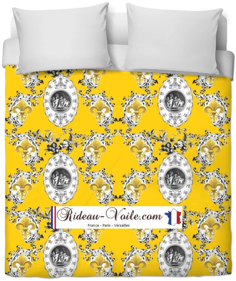 Toile de Jouy jaune tissu mètre style Empire Anges Fleur de Lys enkeli verho kangas