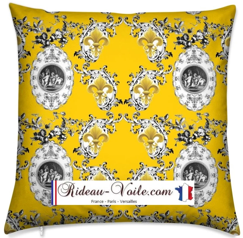 Toile de Jouy jaune tissu mètre style Empire Anges Fleur de Lys enkeli verho kangas