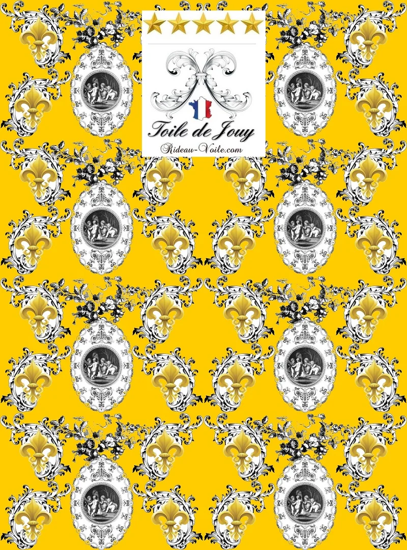 Toile de Jouy jaune tissu mètre style Empire Anges Fleur de Lys enkeli verho kangas