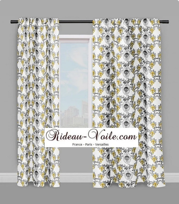 Toile de Jouy blanc noir tissu au mètre style Empire Anges Fleur de Lys Or