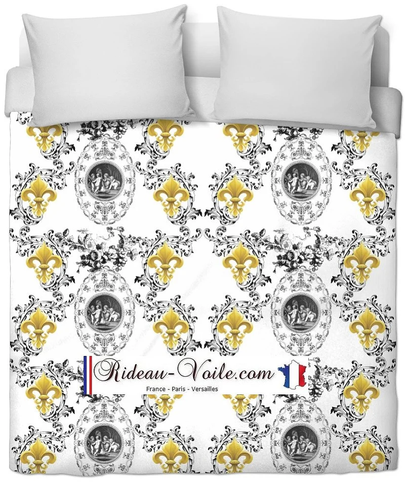 Toile de Jouy blanc noir tissu au mètre style Empire Anges Fleur de Lys Or