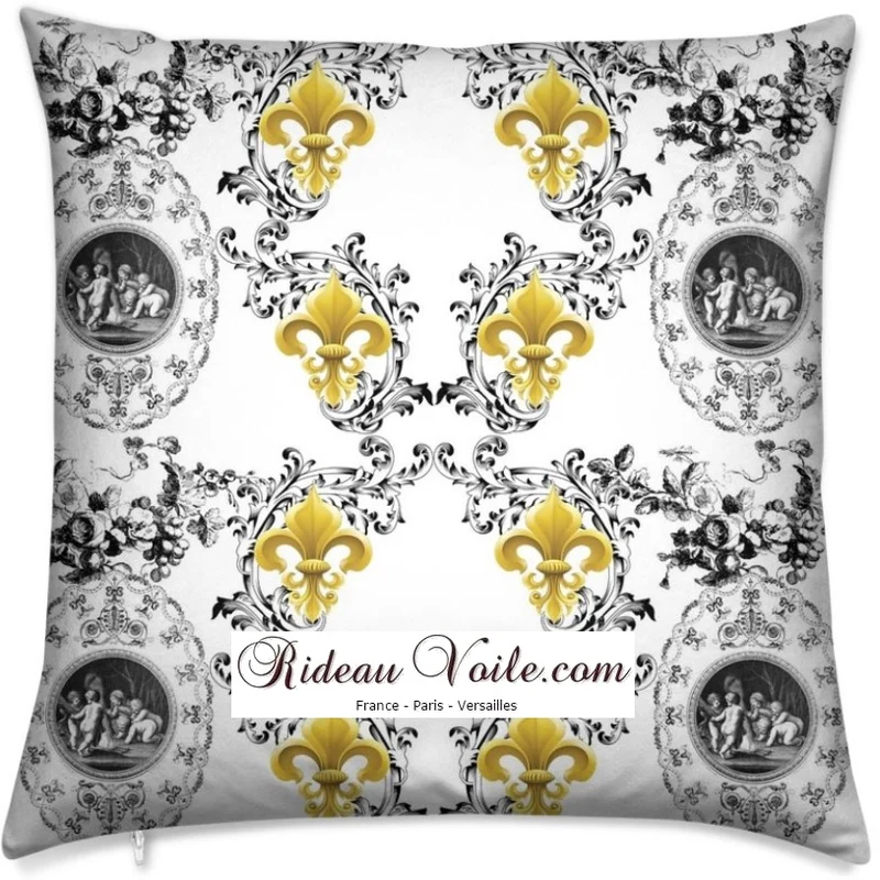 Toile de Jouy blanc noir tissu au mètre style Empire Anges Fleur de Lys Or