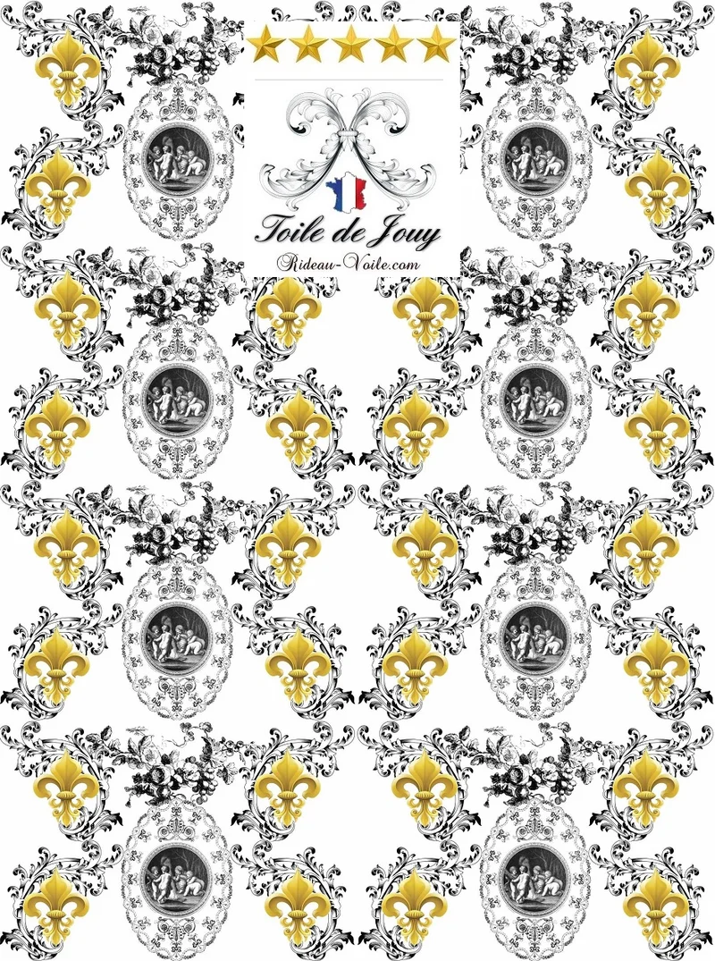Toile de Jouy blanc noir tissu au mètre style Empire Anges Fleur de Lys Or