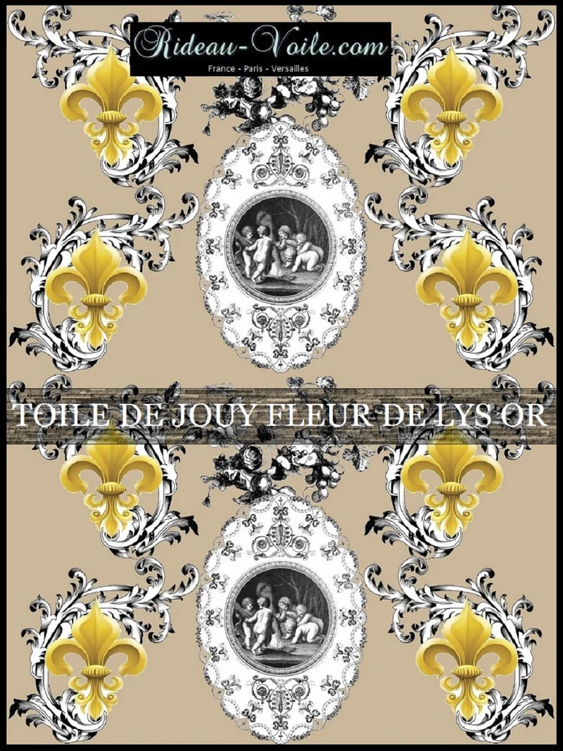 Toile de Jouy beige camel tissu au mètre style Empire Anges Fleur de Lys Or