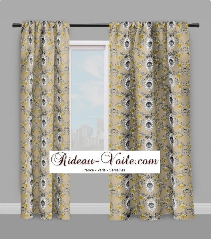 Toile de Jouy beige camel tissu au mètre style Empire Anges Fleur de Lys Or