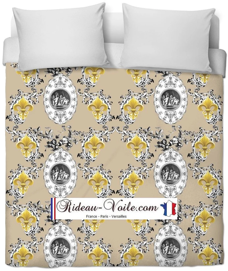 Toile de Jouy beige camel tissu au mètre style Empire Anges Fleur de Lys Or