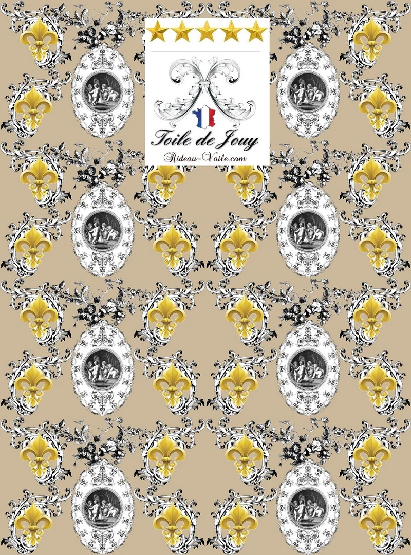 Toile de Jouy beige camel tissu au mètre style Empire Anges Fleur de Lys Or