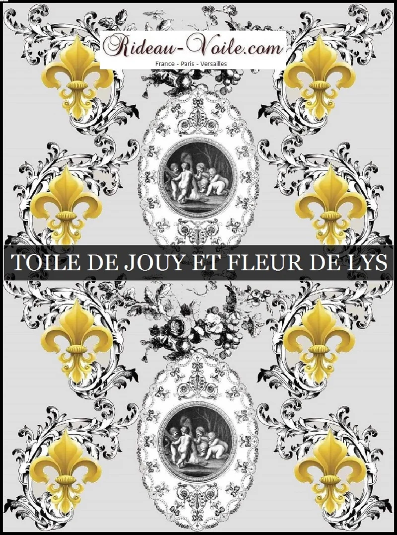 Patrimoine musée Toile de Jouy gris tissu au mètre motif Empire Fleur de Lys Or