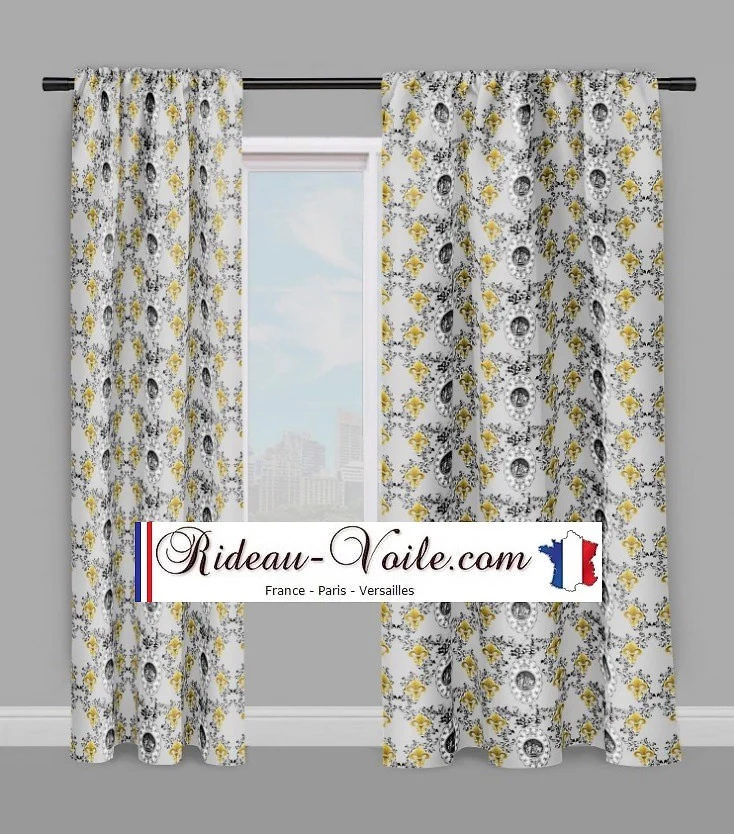 Patrimoine musée Toile de Jouy gris tissu au mètre motif Empire Fleur de Lys Or