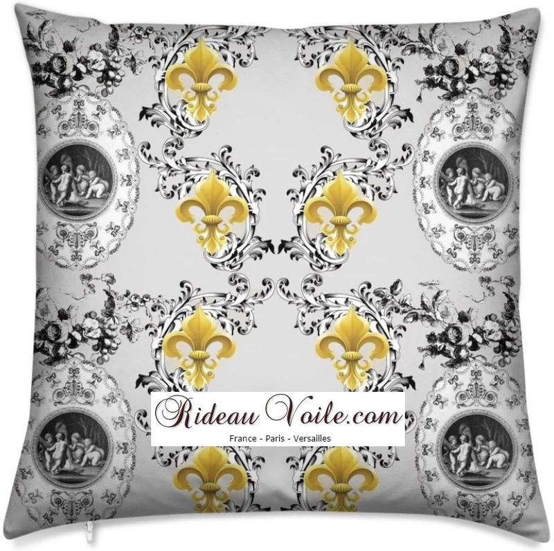 Patrimoine musée Toile de Jouy gris tissu au mètre motif Empire Fleur de Lys Or