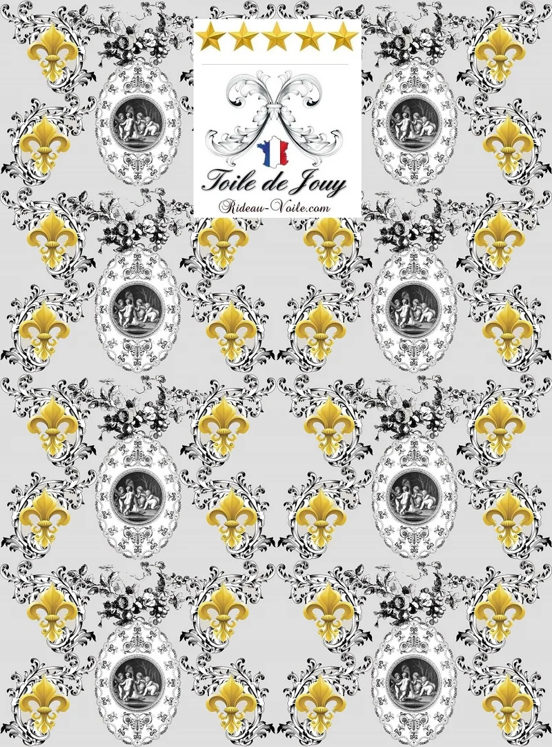 Patrimoine musée Toile de Jouy gris tissu au mètre motif Empire Fleur de Lys Or