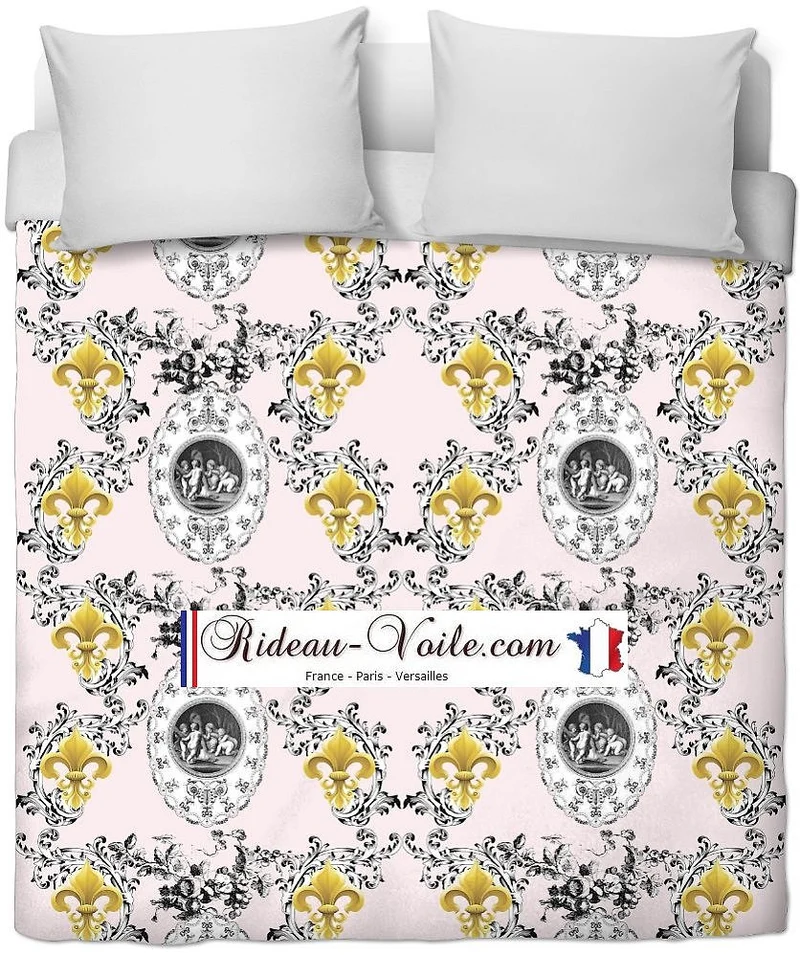 Rideau Toile de Jouy rose tissu tapisserie mètre motif Anges Fleur de Lys voilage
