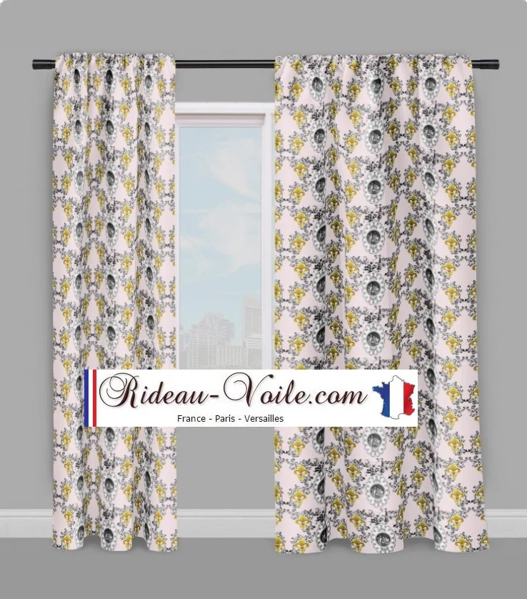 Rideau Toile de Jouy rose tissu tapisserie mètre motif Anges Fleur de Lys voilage