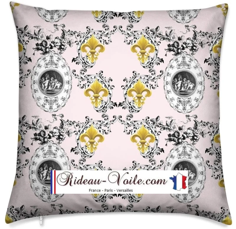 Rideau Toile de Jouy rose tissu tapisserie mètre motif Anges Fleur de Lys voilage