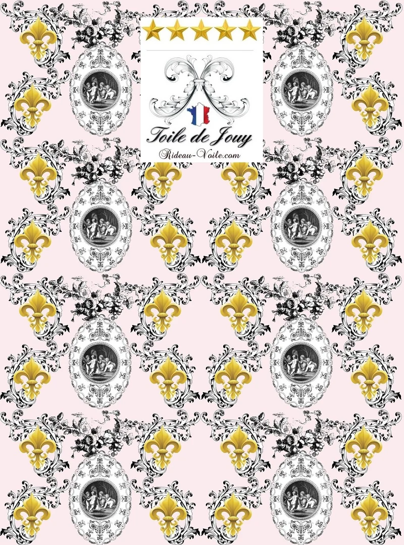 Rideau Toile de Jouy rose tissu tapisserie mètre motif Anges Fleur de Lys voilage