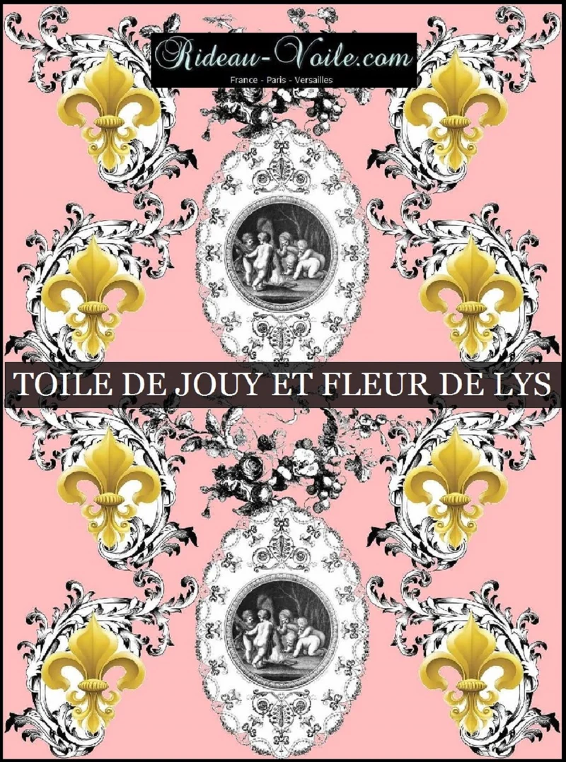 Patrimoine musée Toile de Jouy Rose tissu au mètre motif Empire Fleur de Lys Or