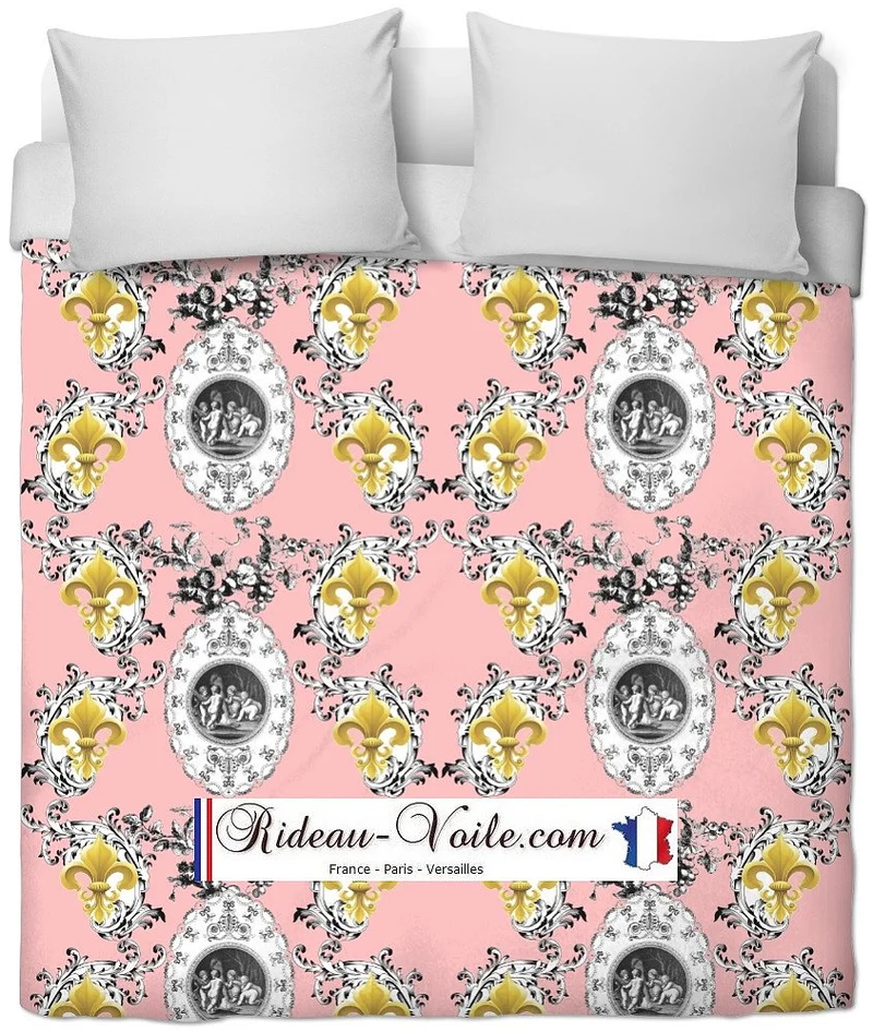 Patrimoine musée Toile de Jouy Rose tissu au mètre motif Empire Fleur de Lys Or