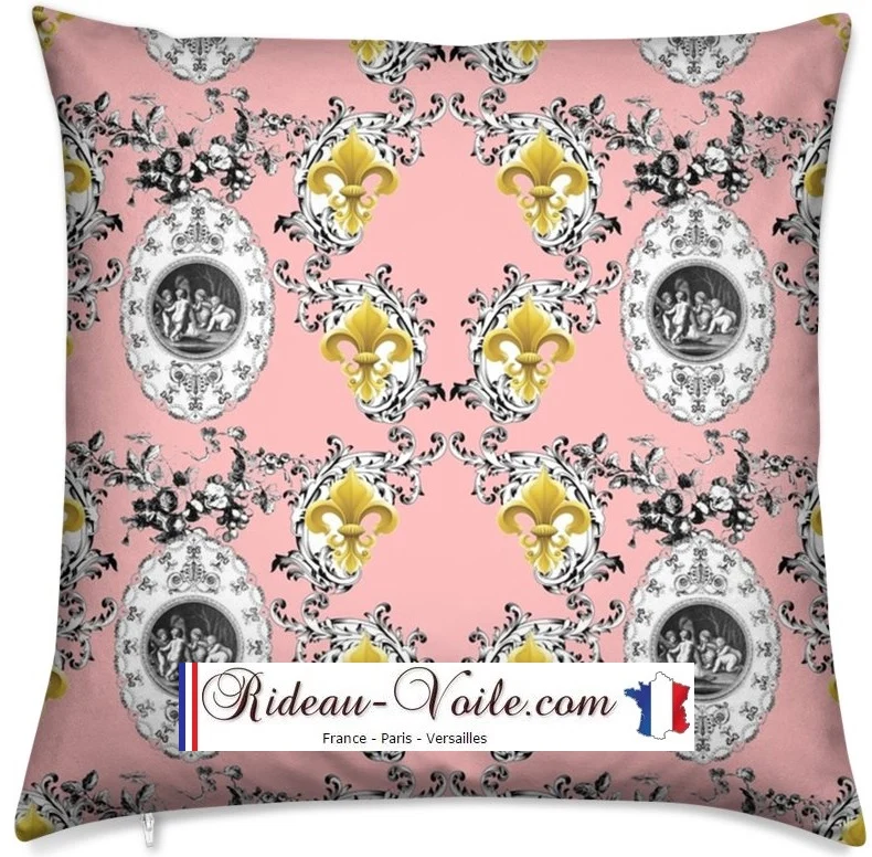 Patrimoine musée Toile de Jouy Rose tissu au mètre motif Empire Fleur de Lys Or