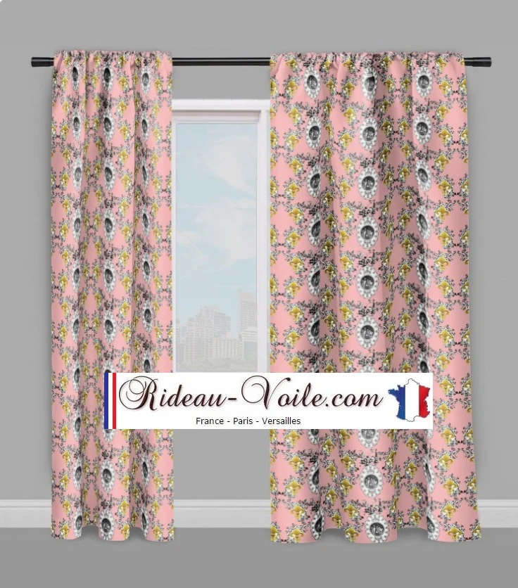 Patrimoine musée Toile de Jouy Rose tissu au mètre motif Empire Fleur de Lys Or