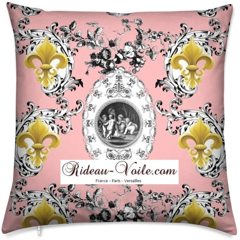Patrimoine musée Toile de Jouy Rose tissu au mètre motif Empire Fleur de Lys Or