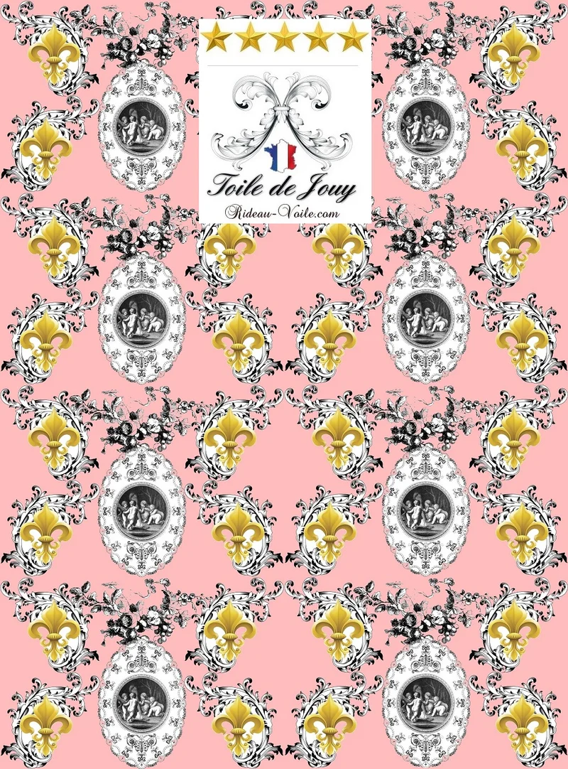 Patrimoine musée Toile de Jouy Rose tissu au mètre motif Empire Fleur de Lys Or