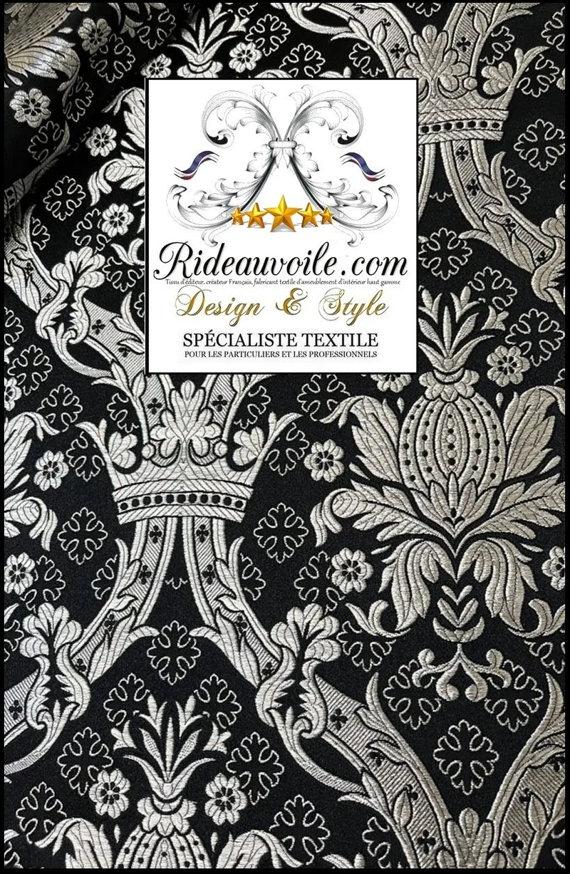 Tissu ameublement Médiéval Brocart Damasco Baroque Noir Argent