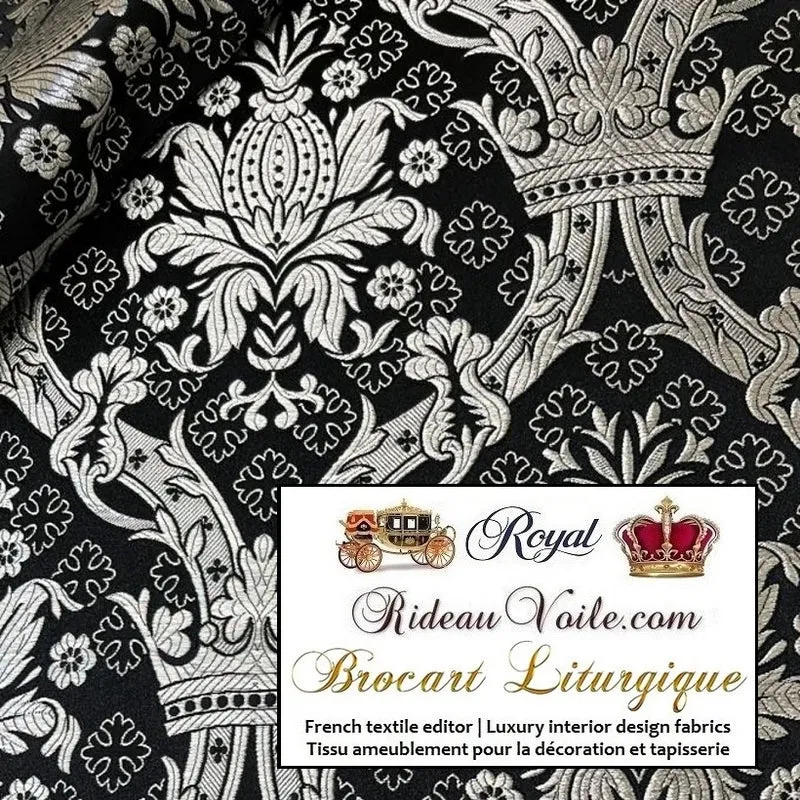 Tissu ameublement Médiéval Brocart Damasco Baroque Noir Argent