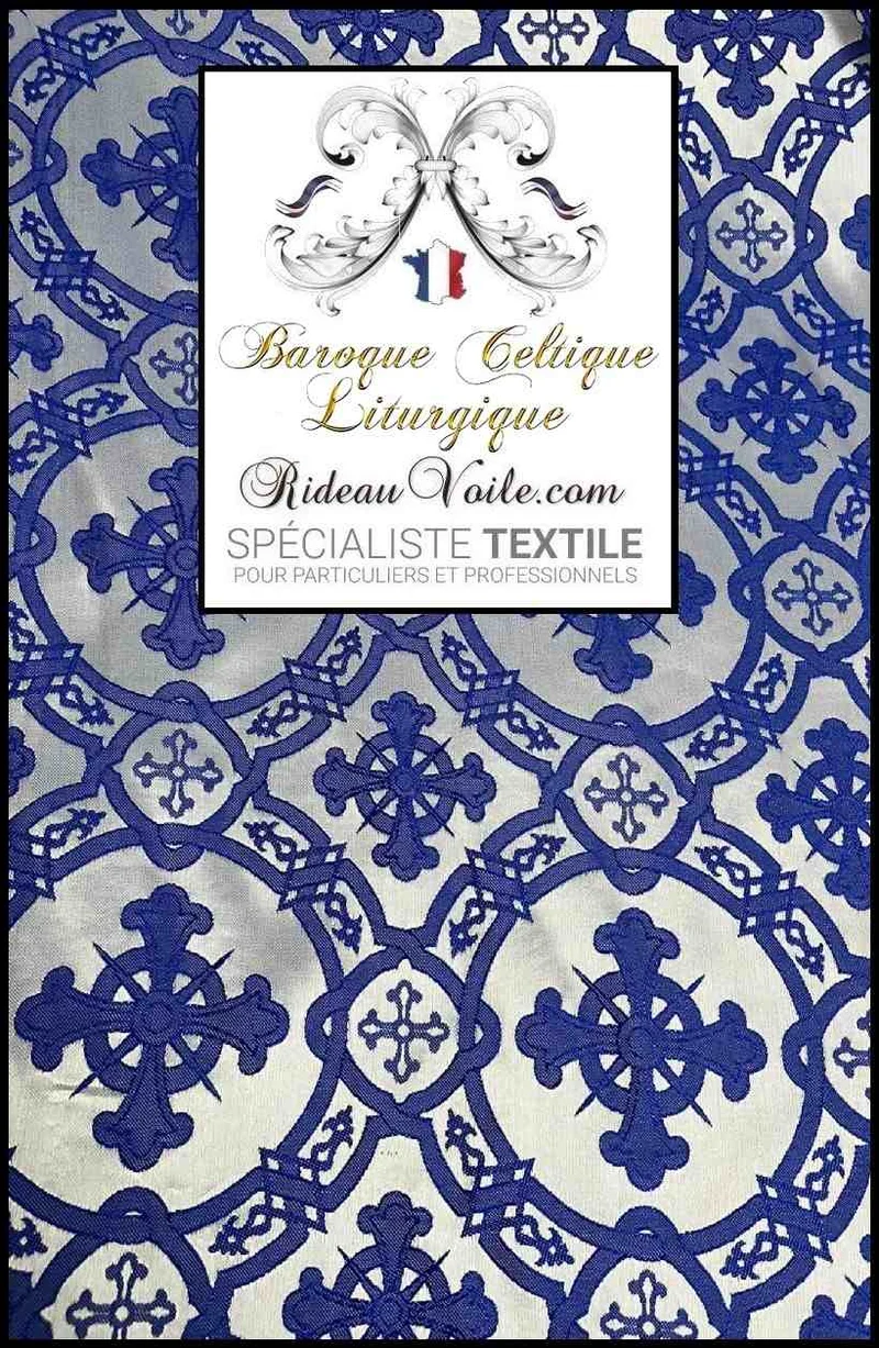 Tissu ameublement liturgique Brocart Architecture Baroque Bleu Blanc mètre tapisserie