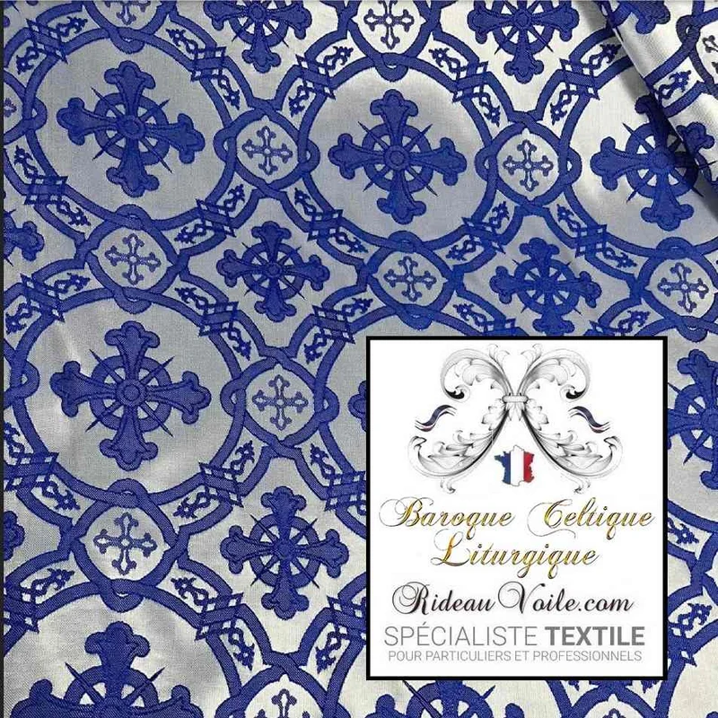 Tissu ameublement liturgique Brocart Architecture Baroque Bleu Blanc mètre tapisserie