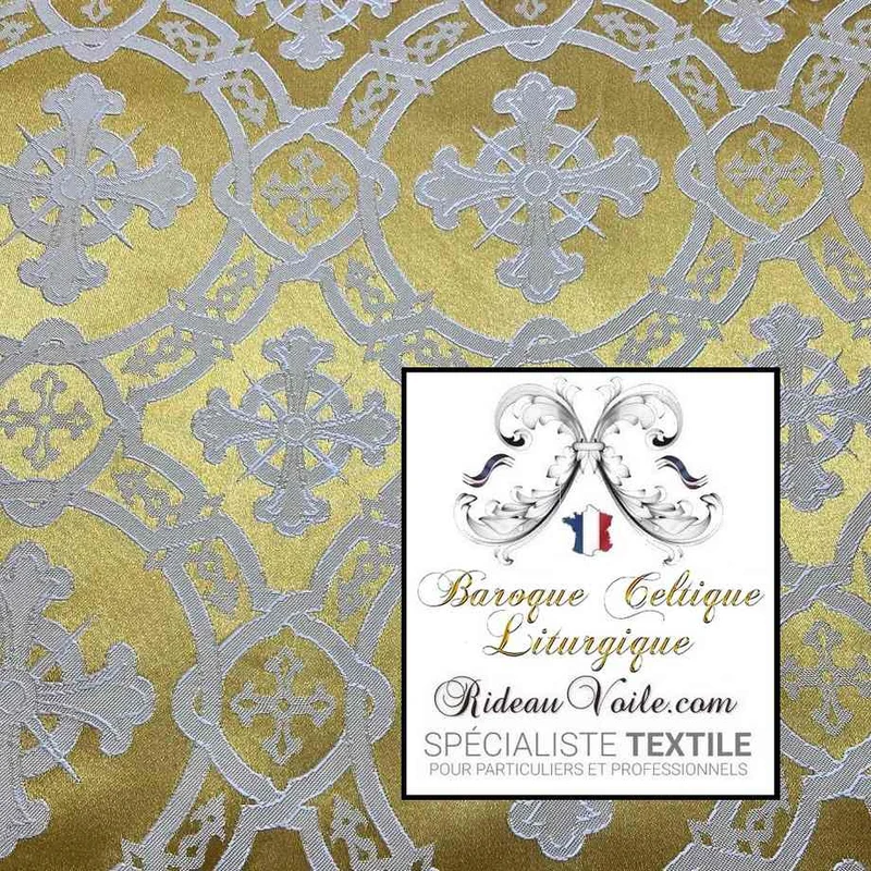 Tissu ameublement liturgique Brocart Jaune Or Blanc au mètre rideau tapisserie