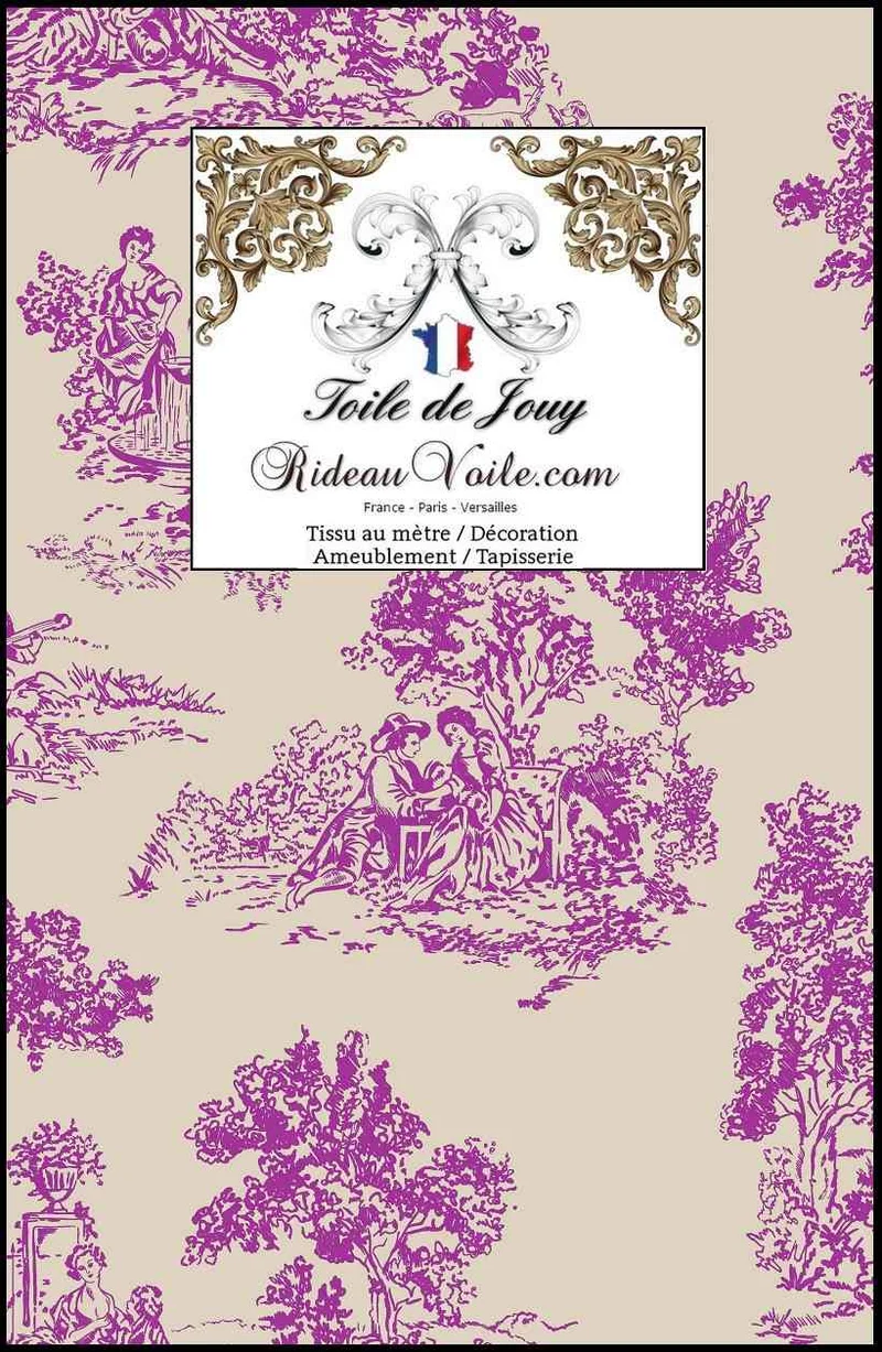 Motif Toile de Jouy violet beige ameublement tapisserie rideau