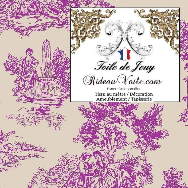 Motif Toile de Jouy violet beige ameublement tapisserie rideau