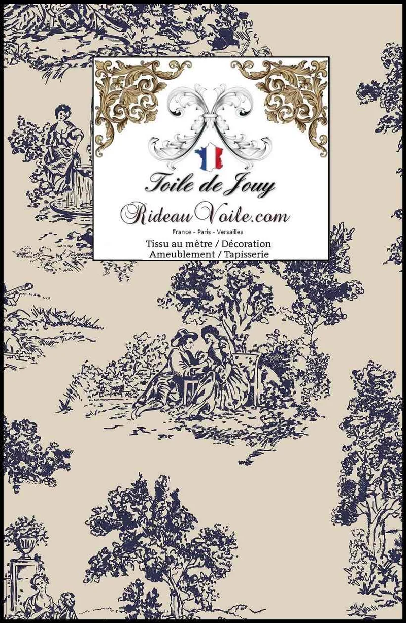 Atelier tissu Toile de Jouy bleu BEIGE imprimé FF&E