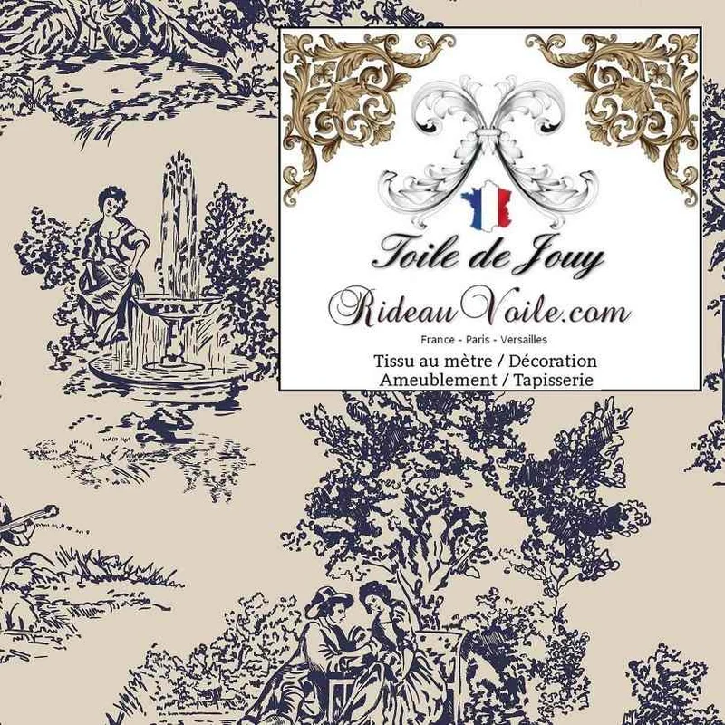 Atelier tissu Toile de Jouy bleu BEIGE imprimé FF&E