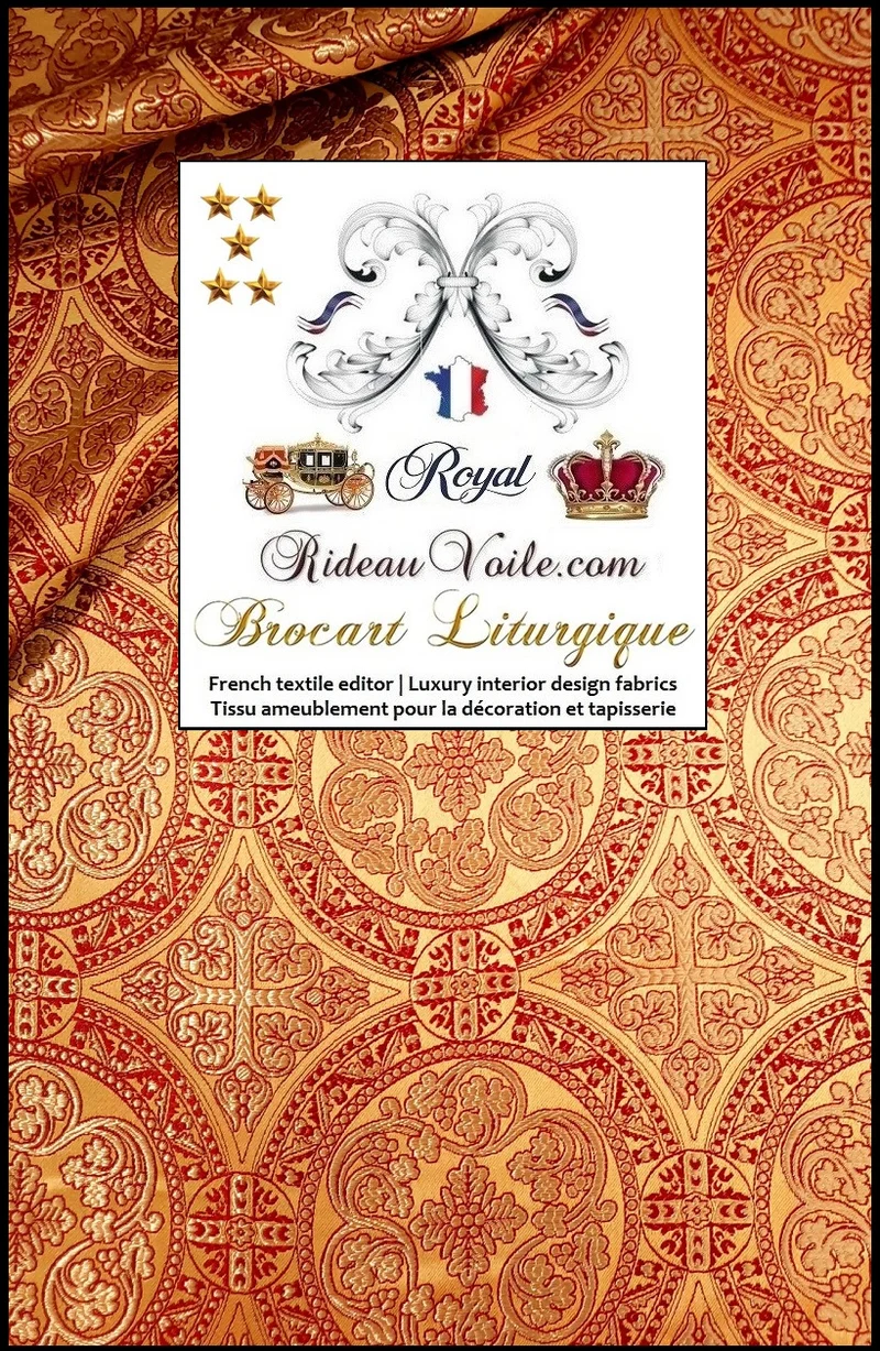 Tissu liturgique ameublement Brocart Jaune Rouge OR mètre ornement motif Croix
