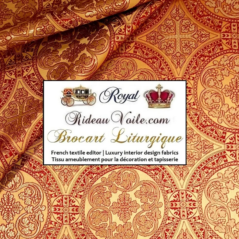 Tissu liturgique ameublement Brocart Jaune Rouge OR mètre ornement motif Croix