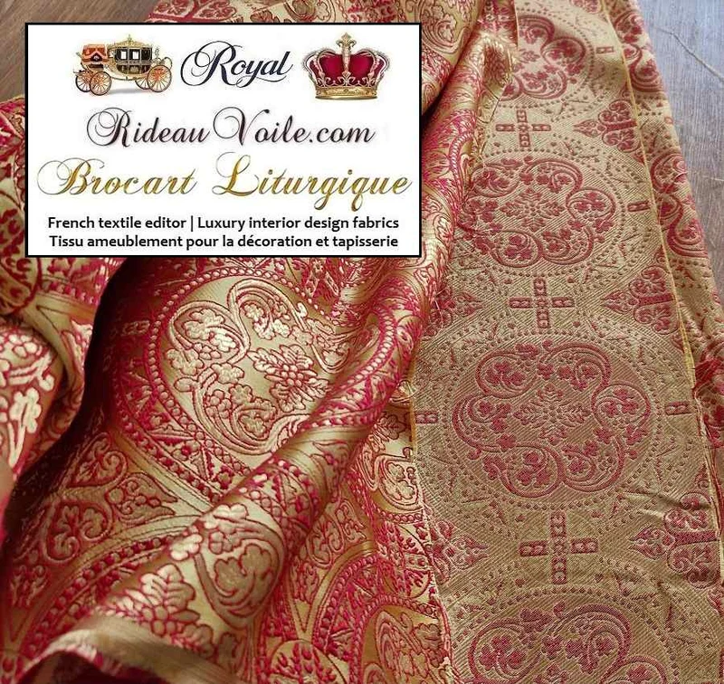 Tissu liturgique ameublement Brocart Jaune Rouge OR mètre ornement motif Croix